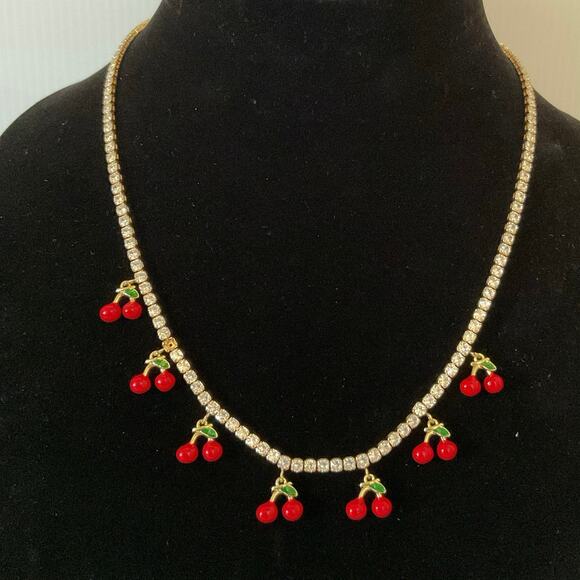 Rhinestone Cherry Charm Necklace - Picture 1 of 7